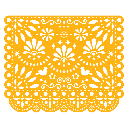 Papel Picado vector floral design with birds, Mexican paper decorations template in yellow, traditional fiesta bannerのイラスト素材