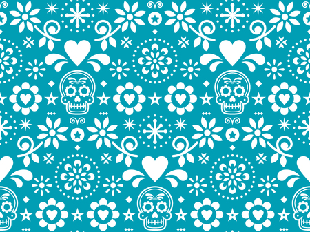 Sugar skull vector seamless pattern inspired by Mexican folk art, Dia de Los Muertos repetitive design in white on turquoise backgroundのイラスト素材