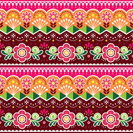 Pakistani or Indian truck art vector seamless pattern, Indian truck floral design with flowers, leaves and abstract shapesのイラスト素材