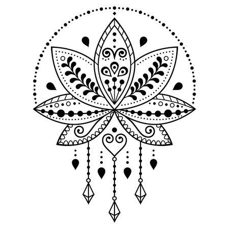 Indian Lotus flower vector pattern, Mehndi henna tattoo style, Yoga or zen decoration, bohemian greeting cardのイラスト素材