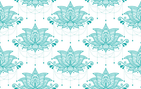Indian Lotus flower vector seamless pattern, Mehndi henna tattoo style, Yoga or zen decoration, bohemian textile in turquoise on white backgroundのイラスト素材