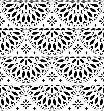 Mexican folk art vector seamless geometric pattern with flowers, black and white fiesta design inspired by traditional art from Mexicoのイラスト素材