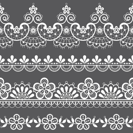 Vintage lace seamless vector pattern, ornamental repetitive design with flowers and swirls in white on gray backgroundのイラスト素材