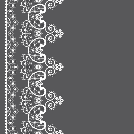 Vector lace seamless pattern, retro wedding lace border or frame design in white on gray backgroundのイラスト素材