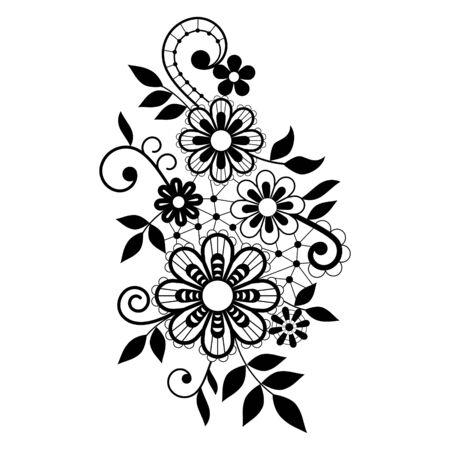 Retro lace vector single pattern, black ornamental design with flowers and swirls, detailed lace motif on white backgroundのイラスト素材