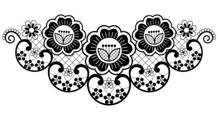 Lace application vector motof, ornamental pattern with roses, flowers and swirls, detailed lace design in black on white bakgroundのイラスト素材