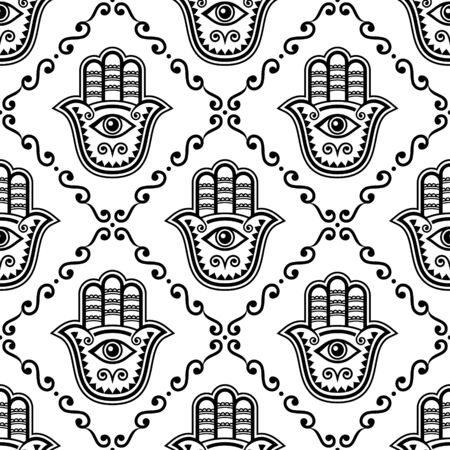 Hamsa hand seamless vector pattern, Khamsa or Hand of Fatima repetitive design, symbol of protection from devil eye background in black and whiteのイラスト素材