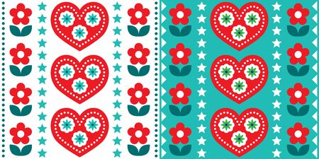 Scandinavian Christmas folk art vector seamless pattern, cute festive Nordic design in red and turquoise greenのイラスト素材