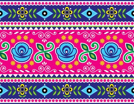 Pakistani truck art seamless vector pattern, Indian floral vibrant design, navy blue and pink ornament with flowers and abstract shapesのイラスト素材
