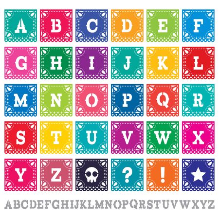 Papel Picado alphabet letters template vector set - Mexican paper design perfect party decorationのイラスト素材