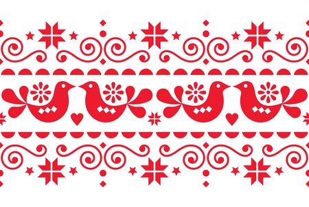 Scandinavian Christmas folk art vector seamless pattern with flowers, birds and snowflakes, Nordic...