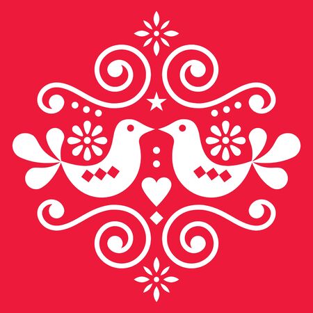 Scandinavian floral folk art vector design, cute Nordic pattern with birds in white on red background - for Valentine's Day greeting card or wedding invitationのイラスト素材