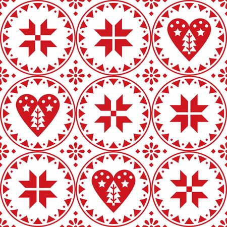 Scandinavian Christmas seamless vector pattern with snowflakes, hearts and Christmas trees - Nordic folk art styleのイラスト素材