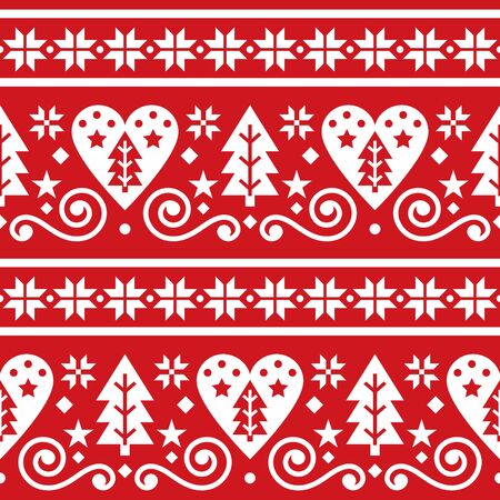 Scandinavian Christmas folk seamless vector pattern, repetitive floral cute Nordic design with Christmas trees, snowflakes and hearts in white on red backgroundのイラスト素材