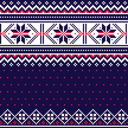 Winter, Christmas Fair Isle style traditional knitwear vector seamless pattern, retro Scottish knit repetitive design with snowflakesのイラスト素材