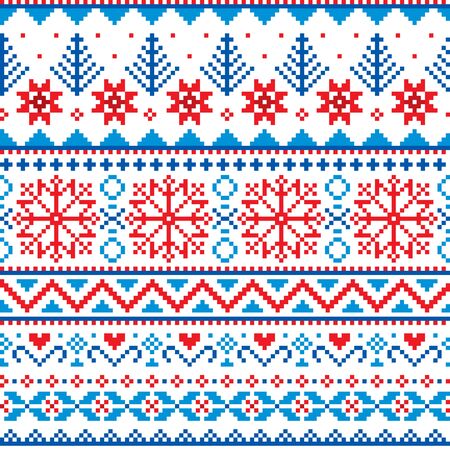 Winter, Christmas Fair Isle style traditional knitwear vector seamless pattern with snowflakes, trees and heartsのイラスト素材