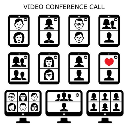Video conference call vector icons set, online communicator for business and socializing, online party with group of peopleのイラスト素材