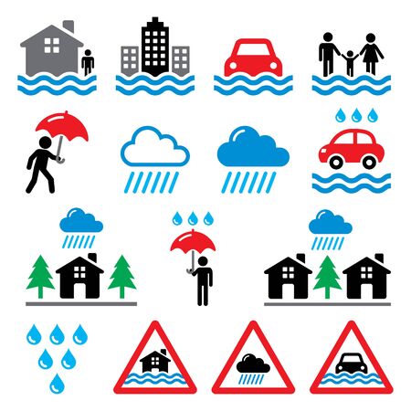 Flood, natural disaster, heavy rain icons set - environment, natural disaster conceptのイラスト素材