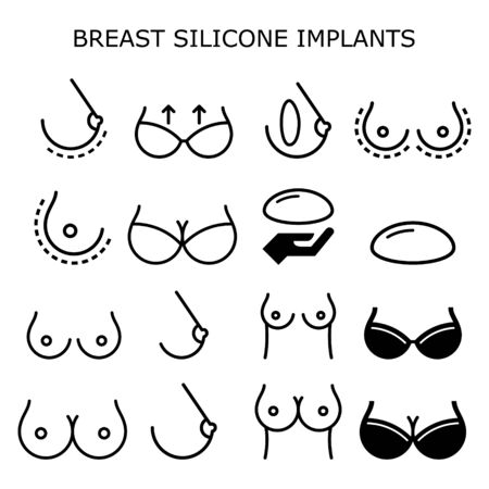 Breast silicone implant, boob job breast augmentation, reconstruction surgery vector icons setのイラスト素材