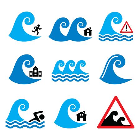 Tsunami, big wave warning, natural disaster icons set - global warning, nature conceptのイラスト素材