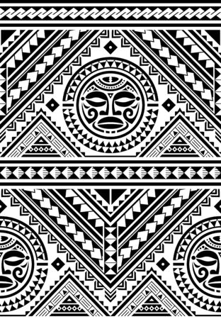 Polynesian seamless geometric vector pattern with Maori face mandala tattoo design, Hawaiian tribal background inspired by art traditional geometric artのイラスト素材