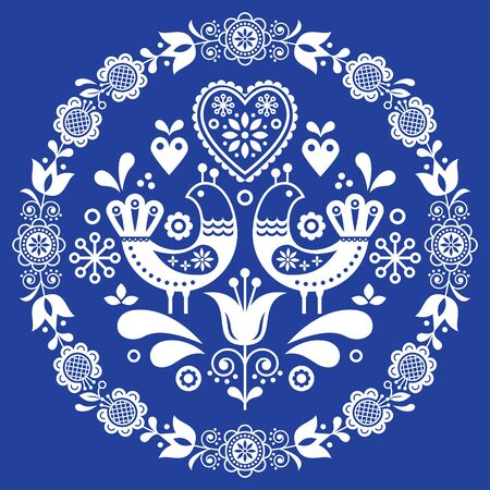 Folk art vector round ornamental frame with birds, hearts, and flowers, Scandinavian design in circle, floral compositionのイラスト素材