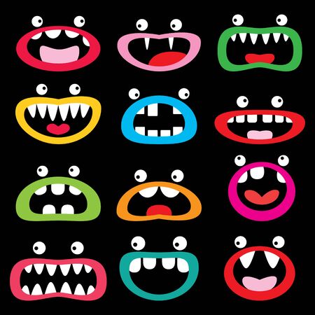 Monster cartoon character  vector icon set, funny faces - open mouth with teeth, tongue and eyes designのイラスト素材