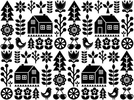 Nordic, Scandinavian inspired folk art seamless pattern - Finnish vector textile design in black and whiteのイラスト素材