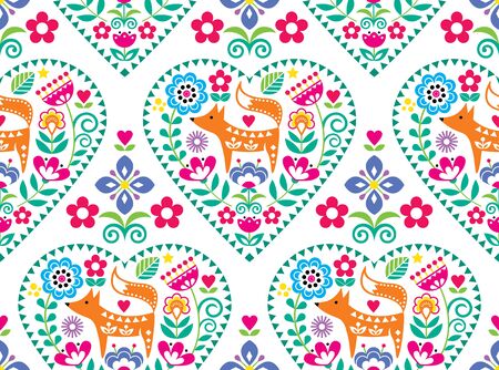 Scandinavian or Nordic heart folk art vector seamless pattern with flowers and fox, floral textile design inspired by traditional embroidery from Sweden, Norway and Denmarkのイラスト素材