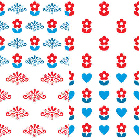 Scandinavian folk art vector seamless design set of four - decorative patterns with flowers and swirlsのイラスト素材