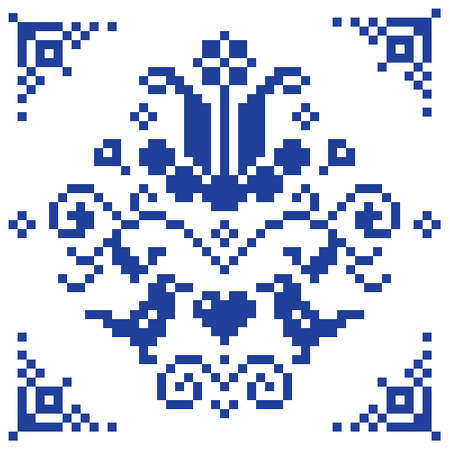 Retro cross-stitch vector floral pattern, folk background inspired by old German and Austrian style embroidery with birds and flowersのイラスト素材