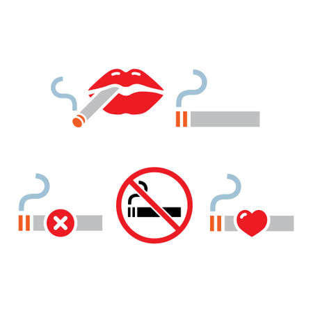 Sexy lips with cigarette, no smoking vector icon set in color on white backgroundのイラスト素材