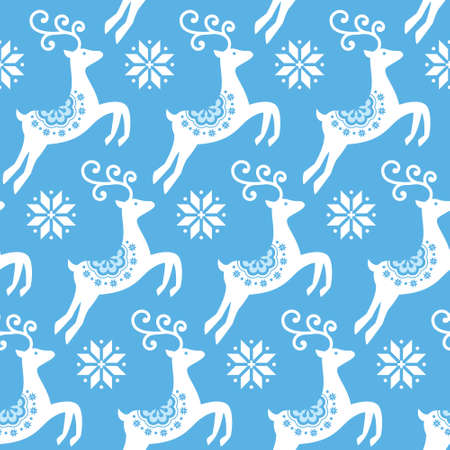 Scandinavian folk art Christmas vector pattern, Nordic white seamless design with reindeer and snowflakes on blue backgroundのイラスト素材