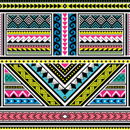 Polynesian tattoo seamless vector colorful pattern, Hawaiian tribal design inspired by art traditional geometric art from islands on Pacific Oceanのイラスト素材