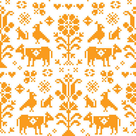 Austrian and German cross-stitch vector seamless folk art pattern, emrboidery tile design with birds, dogs, cows, hearts and flowersのイラスト素材