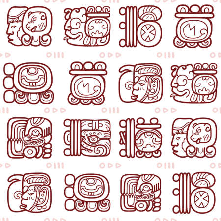 Maya glyphs, Mayan writing system vector seamless pattern - tribal artのイラスト素材