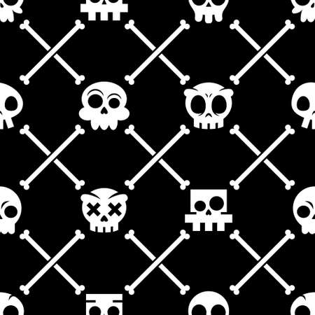 Halloween skull vector seamless pattern, Mexican cute skulls with bones design, Dia de los Muertos white ornament on black backgroundのイラスト素材