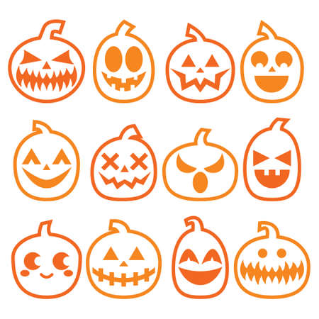 Halloween Pumpkins vector icon set, Halloween scary faces design collection, stroke pumpkin decoration in orange on white backgroundのイラスト素材