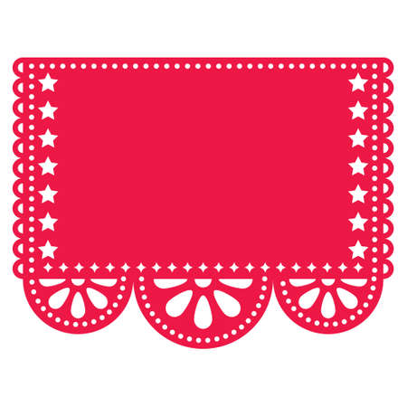 Papel Picado vector template design with empty space for text, red Mexican paper cut out decoration with flowers and geometric shapes - greeting card or weddding invitationのイラスト素材
