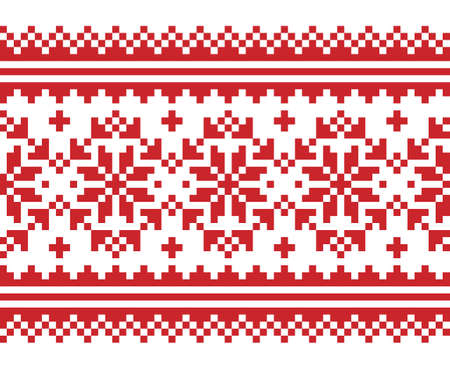 Christmas Scandinavian long vector seamless pattern - red and white festive knnitting, cross-stitch design with snowflakesのイラスト素材
