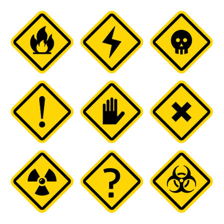 Danger, rhombus yellow warning signs - vector health and safety design setのイラスト素材