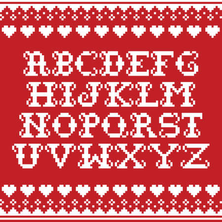 Alphabet template knitwear seamless vector red winter pattern - Christmas Fair Isle style traditional knit or cross-stitch designのイラスト素材
