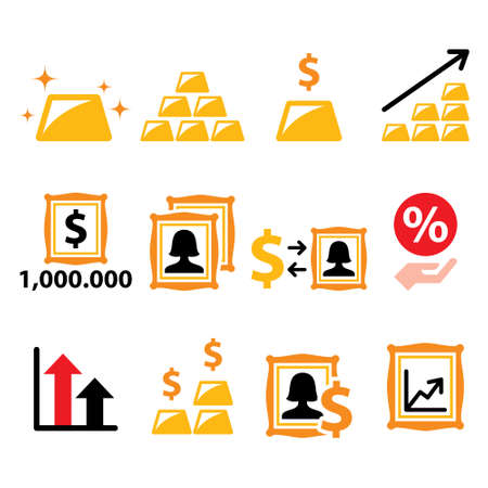 Alternative investments - investing money in gold and art, finance vector icons setのイラスト素材