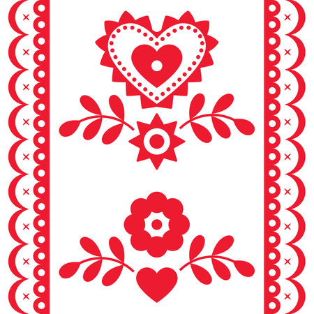 Ethnic Polish vector long seamless vector pattern, floral ornament with hearts inspired by traditional highlanders embroidery Lachy Sadeckie - textile or fabric printのイラスト素材