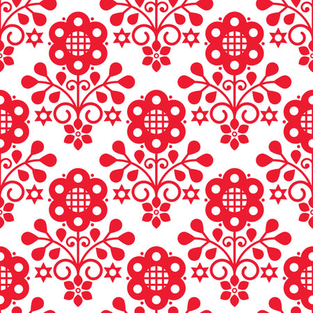 Polish folk art retro vector seamless pattern - floral textile or fabric print design in red and...