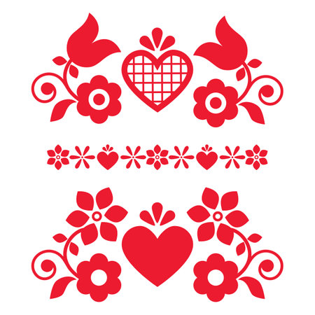 Folk art vector design elements with flowers perfect for greeting card or wedding invitation inspired by Polish embroideryのイラスト素材