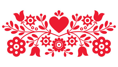Polish retro folk art vector design with flowers and hearts perfect for Valentine's Day greeting card or wedding invitationのイラスト素材