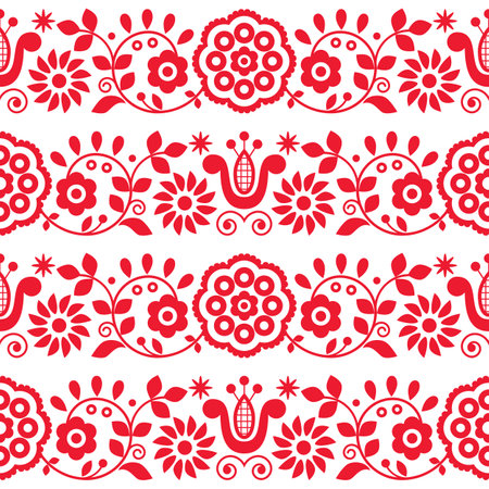 Polish folk art vector seamless embroidery pattern with flowers and hearts inspired by embroidery...