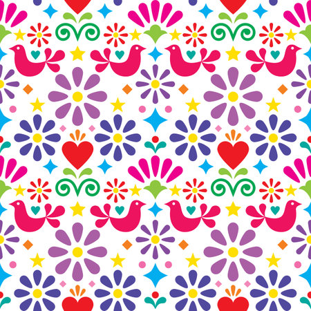 Mexican folk art vector seamless pattern, colorful textile of fabric print design with flowers, birds and heartsのイラスト素材