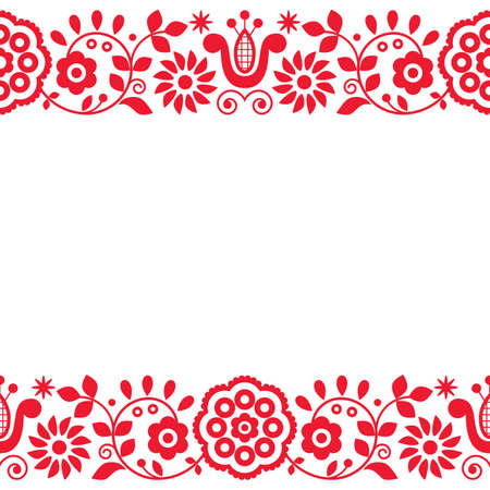 Polish traditional vector greeting card embroidery pattern with flowers and hearts inspired by folk...